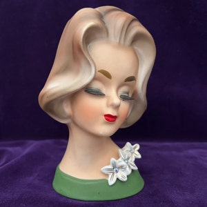 Vintage Napcoware 6 inch Lady Head Vase with Jeweled Flowers on her Shoulder