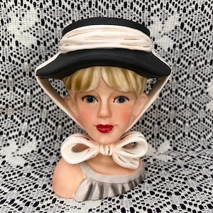 Vintage Relpo Lady Head Vase w/ Large Hat and Ribbon Tie  Large 7 inch Fabulous Relpo Head Vase  FREE Shipping!