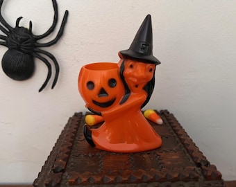 Minty!  Vintage Rosbro Halloween Witch holding a Jack-o&#39;-Lantern Candy Container  1950s  Rosbro Rosen Witch