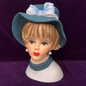 Classic and LARGE Vintage Headvase!  8 1/2 inch Napcoware Beauty w/Original Faux Pearl Jewelry, and Hat Excellent Condition!