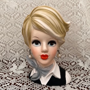 HTF! Vintage Enesco &quot;The Flight Attendant&quot; Head Vase   Amazing Lady Head Vase with Neck Scarf  5 3/4 inch head vase  FREE Shipping!
