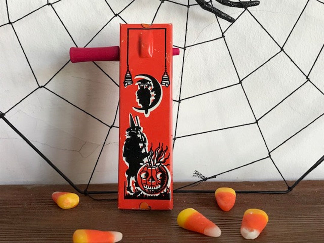 Vintage Halloween Noisemaker Witch, Jacko'lantern Cauldron, Crescent