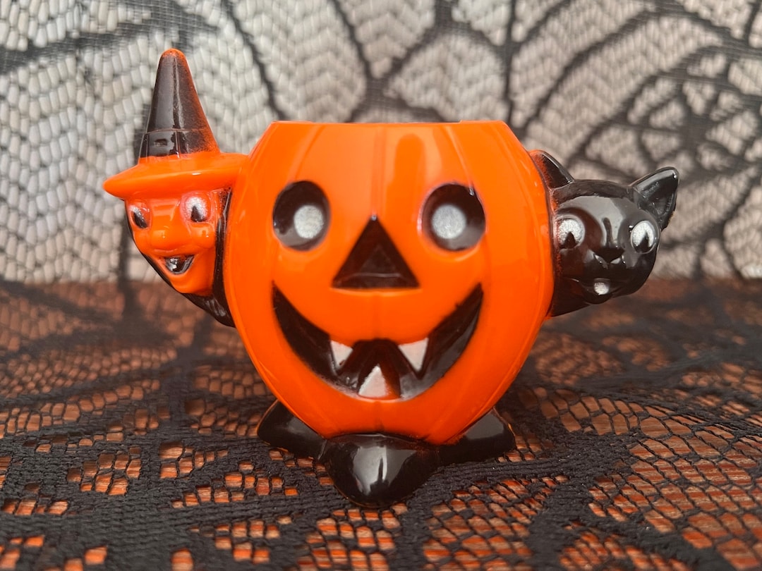 Vintage Rosbro/tico Toys Jack-o'-lantern With Witch and Black Cat