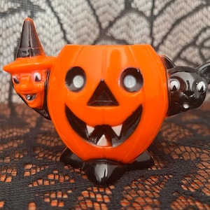 Vintage Rosbro/Tico Toys Jack-O&#39;-Lantern with Witch and Black Cat  1950s Hard Plastic Halloween Collectible Candy Container