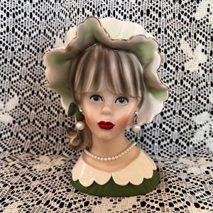Amazing! Vintage Lady Head Vase w/Crinkly Hat  Large (over 7 1/2inches tall)  Gorgeous Relpo Head Vase