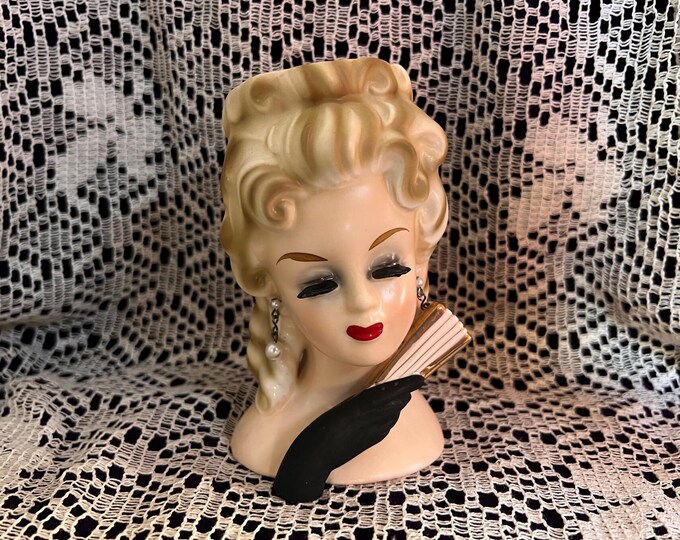 Vintage Lady Head Vase With Gold Fan Lovely 1963 Inarco 5 Inch Lady