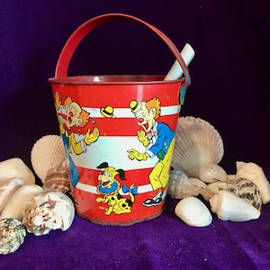 Ohio Art Clowns Sand Pail  Vintage Tin Litho Sand Pail w/Shovel, 1953 - 1955, Funny Clowns and Dog