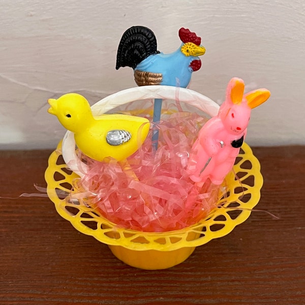 Vintage 1950s Gilbert Plastic Easter Basket Party Favor/Nut Cup w/ 3 Vintage Cupcake Picks - Easter Bunny, Rooster, and Baby Chick