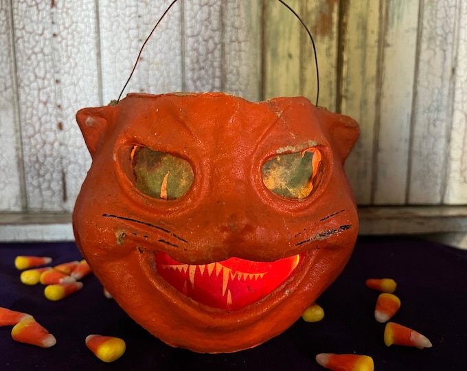 Vintage Halloween Papier Maché Cat Lantern W/original Face Insert 1940s