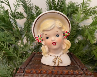 Sweet Little Vintage Christmas Girl Head Vase   Holiday Head Vase w/Bonnet and Poinsettia Flowers