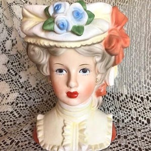 Vintage Victorian Head Vase   Large (7.25 inch) Lady Head Vase, Victorian Hat with Roses and Large Bow