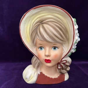 Vintage Blue Eyed Beautiful Bonnet Wearing Lady Head Vase   Relpo 6 inch head vase