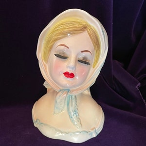 Lovely Lefton Lady   1960s Vintage Scarf Lady Head Vase, 6 1/2 inches tall