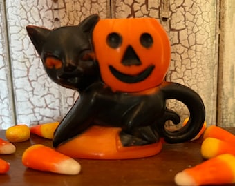 Vintage Halloween Rosbro Plastics Black Cat with Jack-O-Lantern Candy Container  1950s Hard Plastic Black Cat