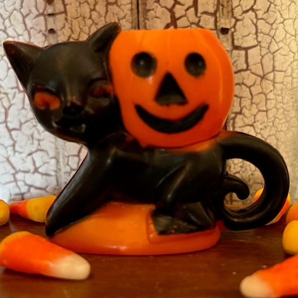 Vintage Rosbro Plastics Halloween chat noir avec récipient de bonbons Jack-O-Lantern des années 1950 en plastique dur chat noir