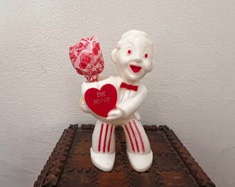 Vintage Rosbro/E. Rosen Valentine  &quot;Be Mine&quot; Hard Plastic Man Holding Valentine Heart Candy Container 1940s - 50s