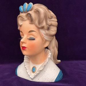 Vintage Royalty!  Lady Head Vase - Beautiful, Large, and Hard to Find with Ruffles, Jewels, and a Fabulous Ponytail Hairdo!