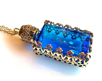 Vintage Blue Glass bottle with Gold tone metal wrapping