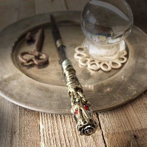 Flower and Crystals Wand, Magic Wand with Red Crystals Teal Glass Dome, Gold Wand, Geek Accessories, Witch Wand, Wizard Wand, Costume
