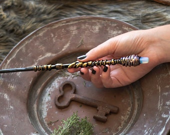 Magic Wand with Quartz Stone top, Black and Gold  Wand, Geek Accessories, Witch Wand, Wizard Wand, Costume