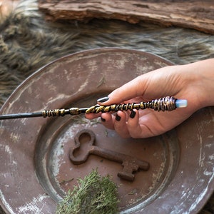 Magic Wand with Quartz Stone top, Black and Gold  Wand, Geek Accessories, Witch Wand, Wizard Wand, Costume