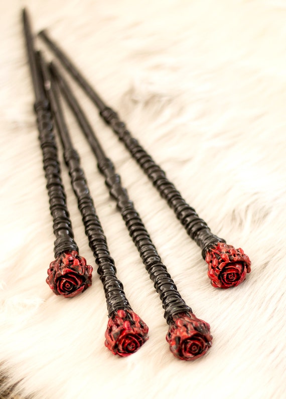 Red Rose Wand, Magic Wand With a Rose, Glossy Black Magic Wand