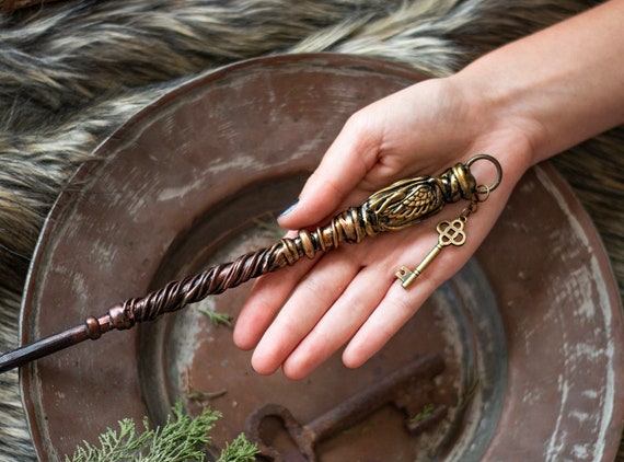 13.5 Draco Hand Turned Almond Wood Magic Wand Wizard Witch Wicca w/ Velvet Bag
