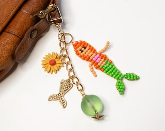 Chaveiro de Sereia, Acessório para Bolsa, Pingente para Carteira, Sereia com Miçangas