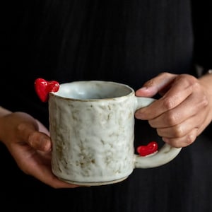 Handmade Jingdezhen Porcelain Mug – Heart Accent Ceramic Mugs, Wabi Sabi Pottery Gift