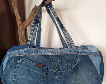 Large sports or travel bag made of recycled jeans