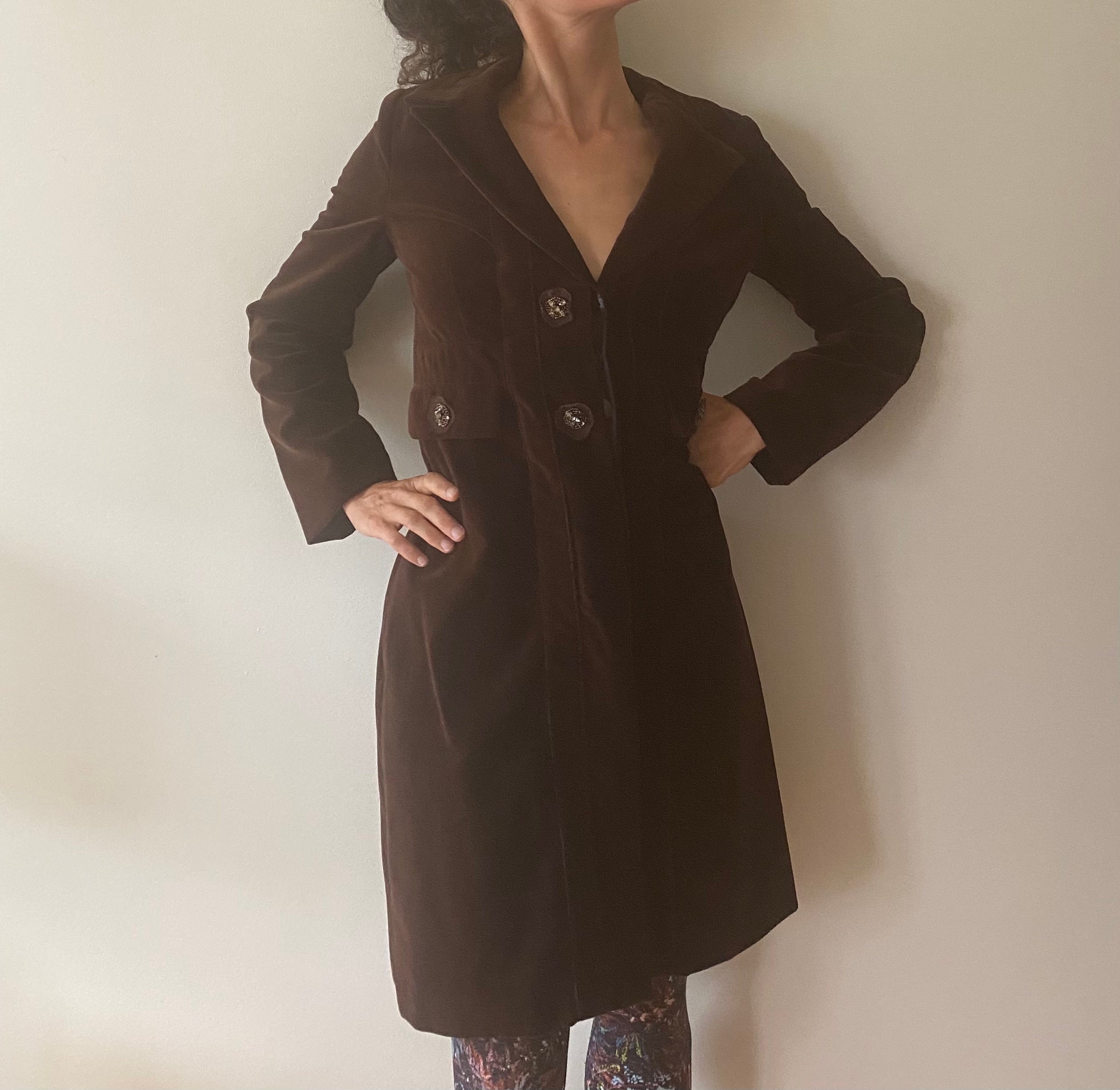 Chocolate Brown Velvet Jacket Coat Beaded Button Detail Etsy