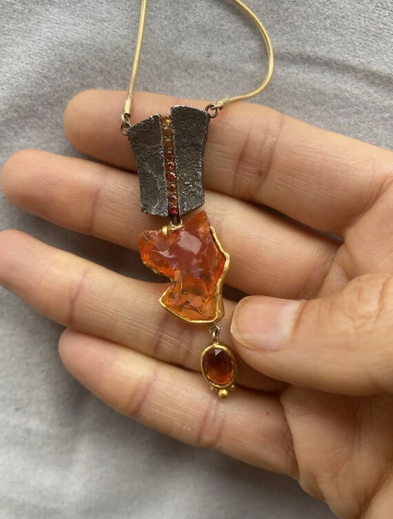 Mexican Fire Opal & Ceylon Sapphire Pendant Neckl… - image 2