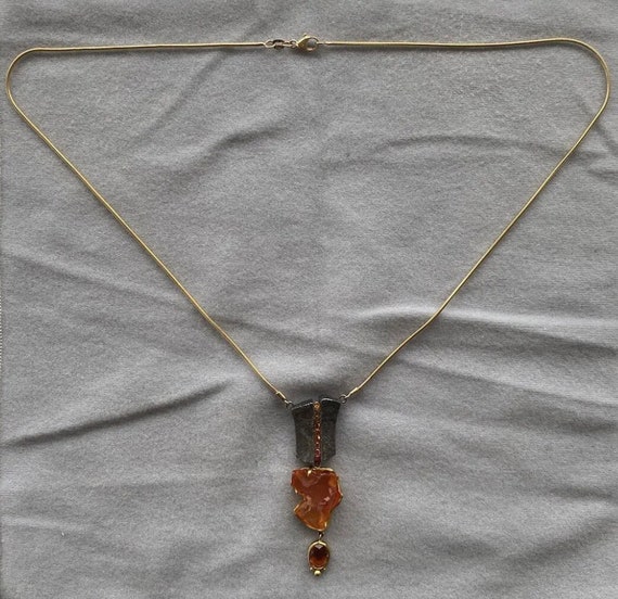 Mexican Fire Opal & Ceylon Sapphire Pendant Neckl… - image 7