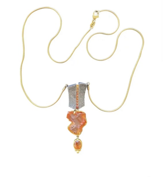 Mexican Fire Opal & Ceylon Sapphire Pendant Neckl… - image 1