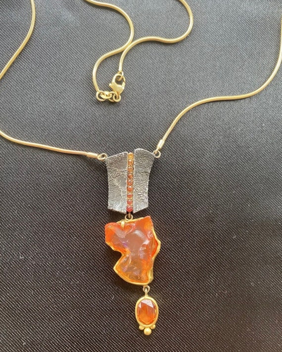Mexican Fire Opal & Ceylon Sapphire Pendant Neckl… - image 10