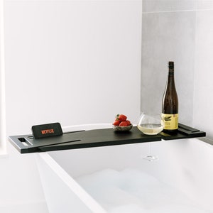 Scandinavian Wooden Bath Caddy Black, Bathtub Tray with Wine Holder, Phone Slots, and Snack Section, Bath Accessory, Bathroom Decor, Gift