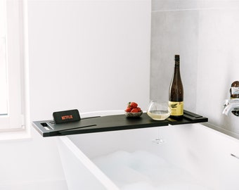 Scandinavian Wooden Bath Caddy Black, Bathtub Tray with Wine Holder, Phone Slots, and Snack Section, Bath Accessory, Bathroom Decor, Gift