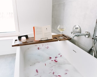 Oak Bath Tray with Wine & Book Holder, Personalized Spa Gift