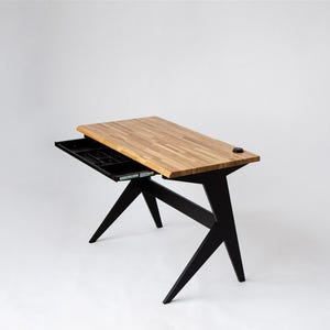 Modern Solid Wood Desk with Drawer & Built-in Organizer – Minimalist Office Desk in Oak, Walnut or Black Finish