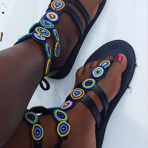 ON SALE!! African Maasai beaded sandals for women- Leather sandals for women- Flat sandals- Gladiator shoes for women- Handmade sandals