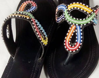 ON SALE!Handcrafted sandals _ Kenyan sandals _ African beaded sandals _ Masai beaded sandals _ T-strap sandal_ Flat sandals _Leather sandals