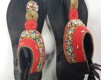 ON SALE!! African beaded sandals for women- Maasai beaded sandals for women- Leather Sandals- Flat sandals- Women's gift- Gladiator shoes