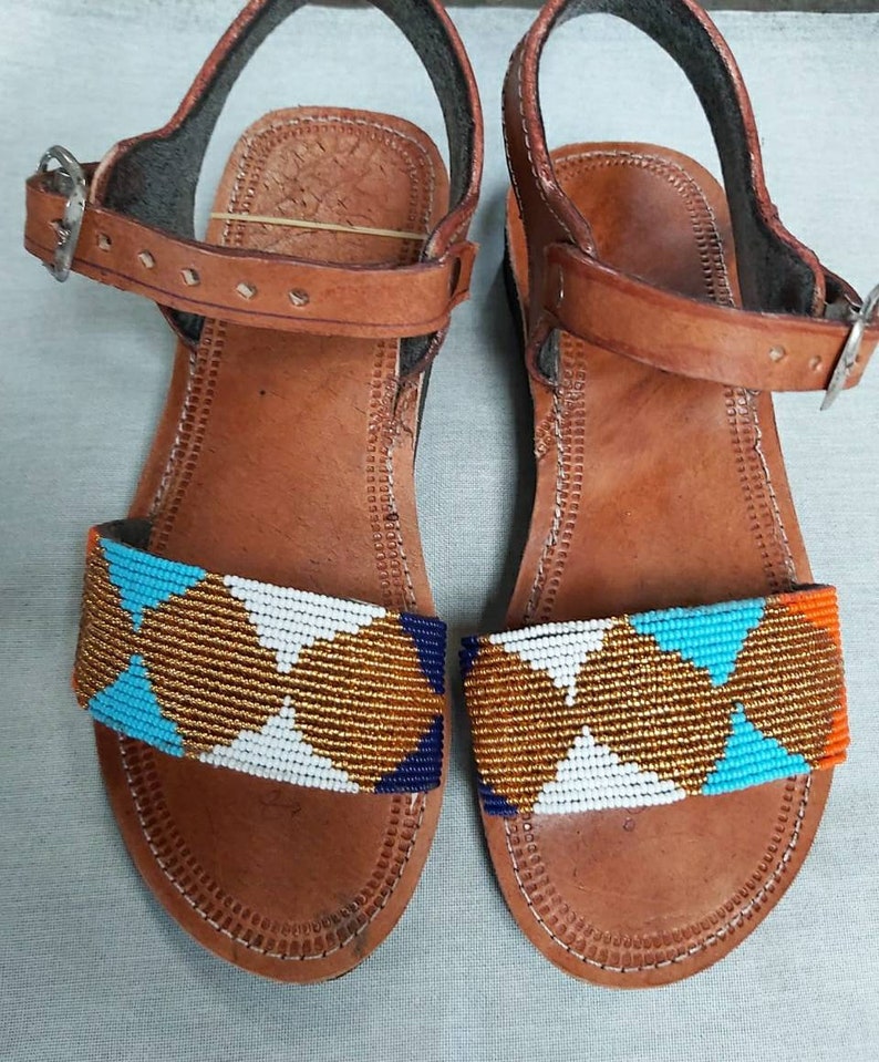 ON SALE Brown Leather Sandal Beaded Sandal Masai Sandals | Etsy