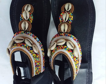 ON SALE Women shoes - beaded masai sandal - handmade sandal - leather sandal - her gift - African sandal - Kenyan sandal -Cowrieshell sandal