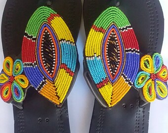 ON SALE Women sandals- Maasai beaded sandals- Leather Sandals- women's gift- Handmade sandals- Flat sandals- Kenyan sandals- women's fashion