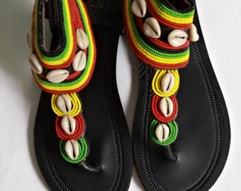 ON SALE Women shoes - beaded masai sandal - handmade sandal - Rasta sandal - her gift - African sandal - Kenyan sandal -Cowrieshell sandal