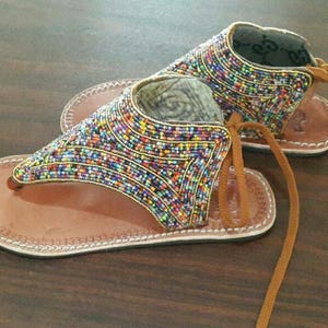 ON SALE Brown leather sandal, Beaded sandal, Masai sandal, multicolored sandal,African sandals, women's gift, handmade sandal, Kenyan sandal