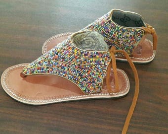 ON SALE Brown leather sandal, Beaded sandal, Masai sandal, multicolored sandal,African sandals, women's gift, handmade sandal, Kenyan sandal