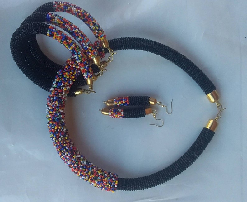 ON SALE African Beaded Necklace Beaded Jewelry Set Black Etsy