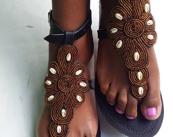 ON SALE Women shoes - beaded masai sandal - handmade sandal - leather sandal - her gift - African sandal - Kenyan sandal -Cowrieshell sandal